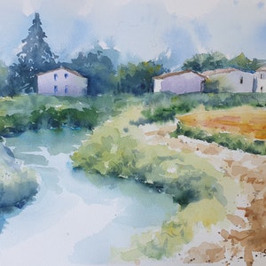 acquerello originale del paesaggio di campagna italiana, opera d'arte del paesaggio italiano, arte della parete del paesaggio della Valle del Po Italia, arte della parete del campo di grano italia