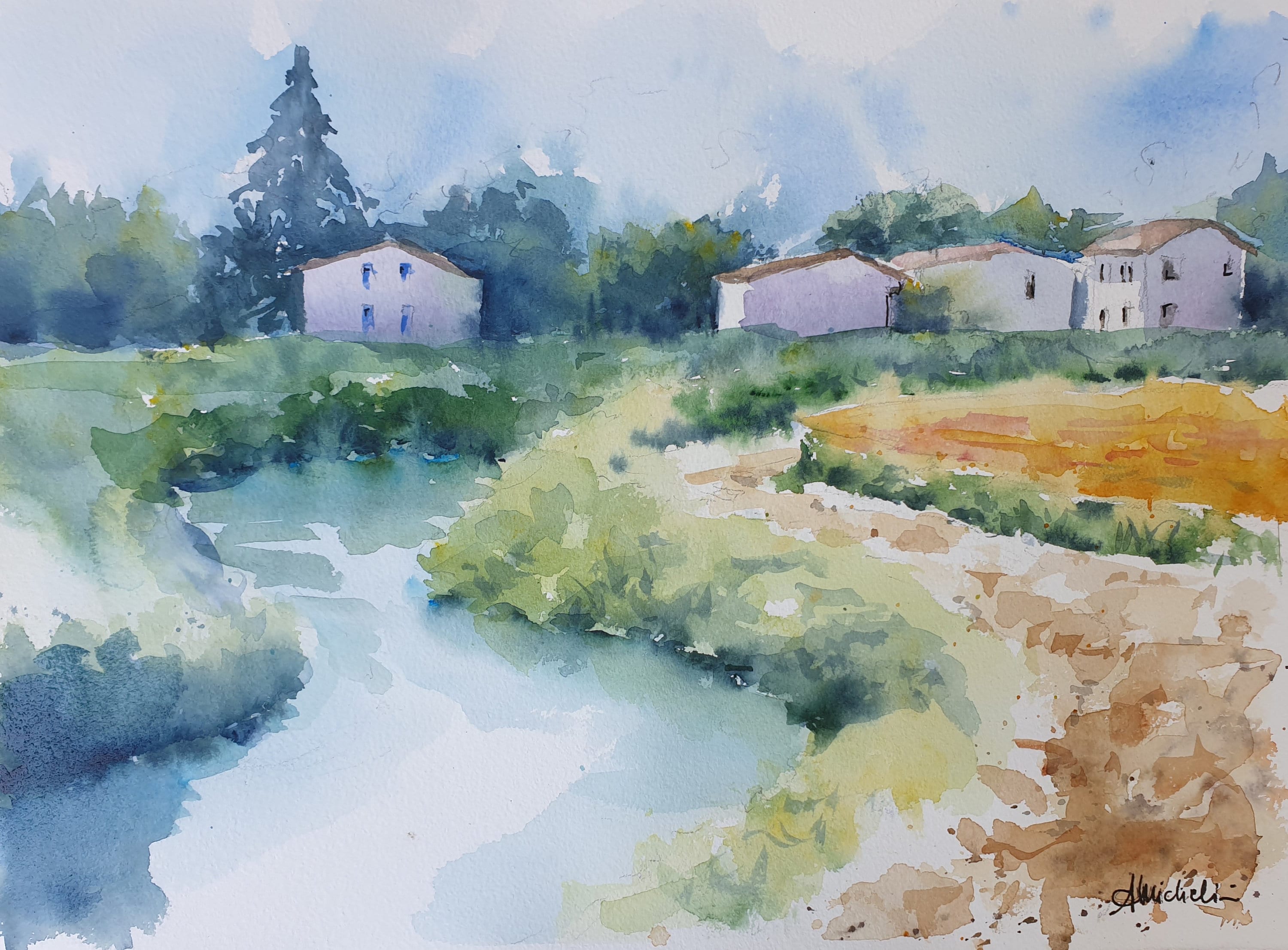 イタリアの田舎の風景オリジナル水彩画、イタリアの風景アートワーク