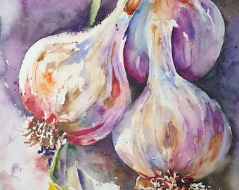 Knoblauch original Aquarell Malerei, Knoblauch Wanddekor, Knoblauch Stillleben, Knoblauch Küche Wohndekor 10x14 Zoll