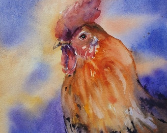 red rooster watercolor painting, rooster home decor, Chickens Roosters art,  red rooster wall decor,Kitchen Decor 9x7.5 inches