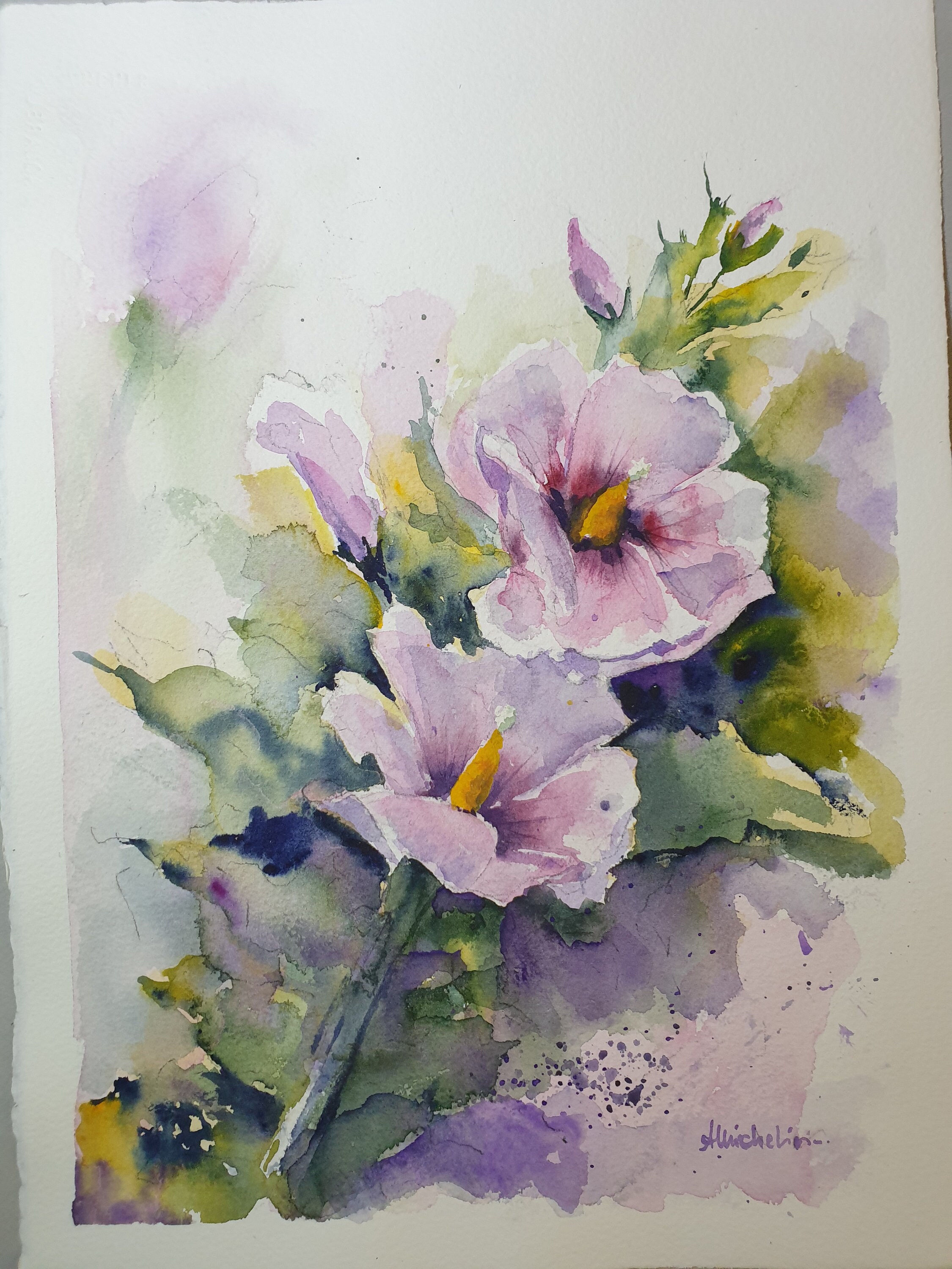 ハイビスカスの花のオリジナル水彩画、ピンクの花の絵、庭の花の壁掛け