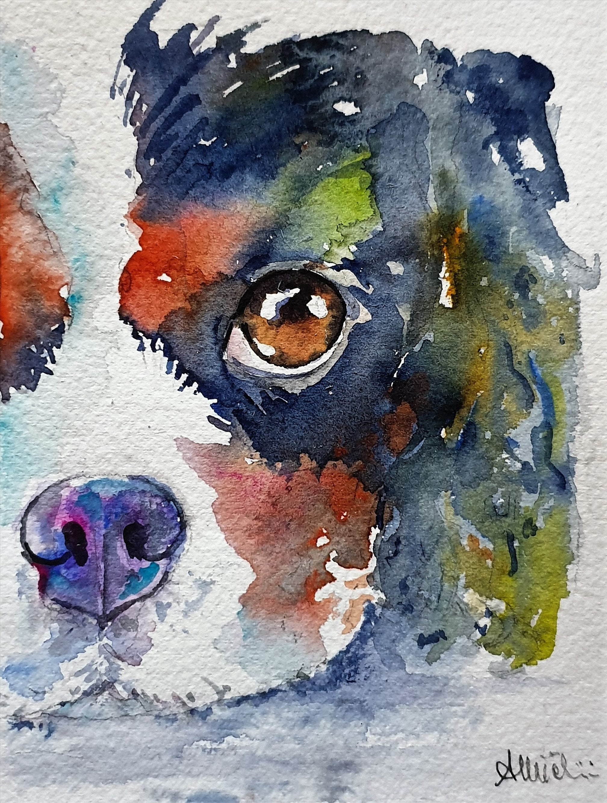 キャバリア・キングのクローズアップ絵画、オリジナル水彩犬の肖像画