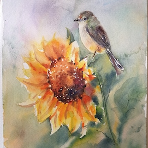 Vogel auf Sonnenblume, Sonnenblume, Vogel auf Sonnenblume, Sonnenblume, Vogel auf Sonnenblume, original Aquarell, Gemälde, Kinderzimmer, 30x24cm