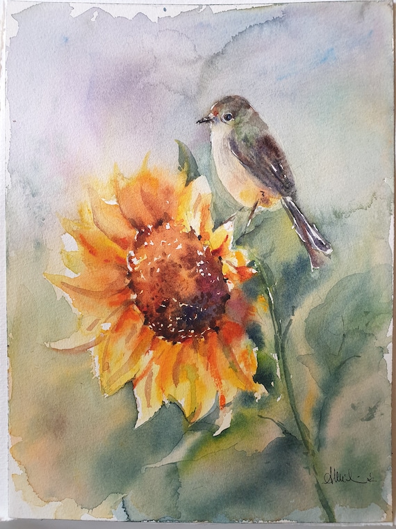 ひまわりに鳥の絵、ひまわりの水彩画、ひまわりに鳥の水彩画