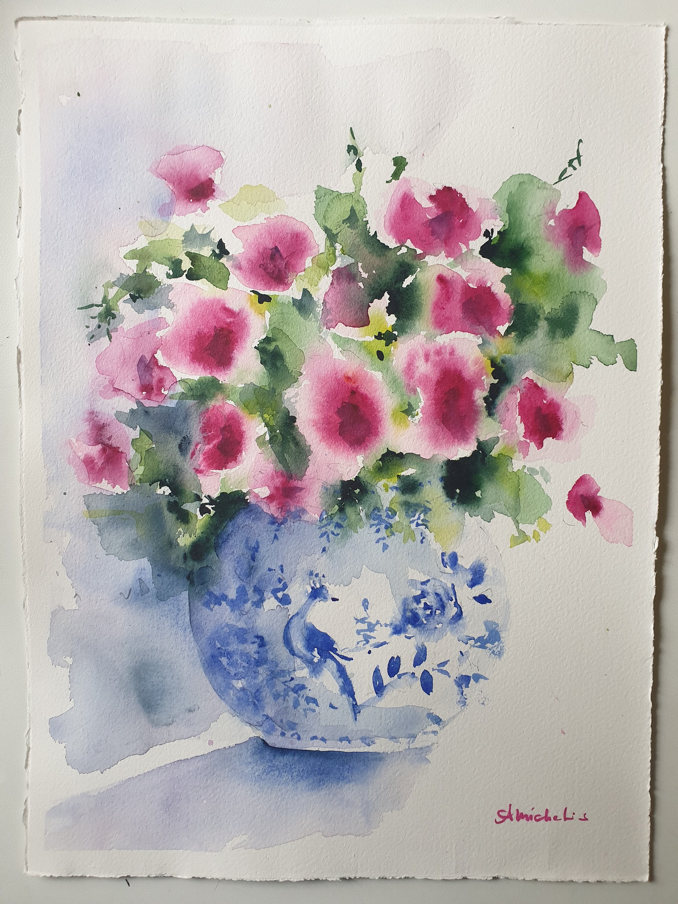 Fujino 水彩画 花瓶の花 絵画 水彩画 【安藤吾路】花瓶の花の絵 - メルカリ