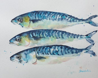 Mackerels original watercolor painting Fresh fish kitchen wall decorre Sea fish artwork Mackerel painting  Fisherman art gift Sealife art