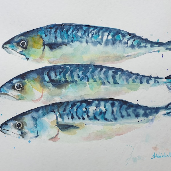 Mackerels original watercolor painting Fresh fish kitchen wall decorre Sea fish artwork Mackerel painting  Fisherman art gift Sealife art