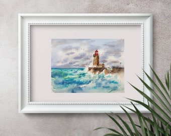 フェカン灯台のオリジナル水彩画、嵐の海に浮かぶ灯台、フランスの灯台