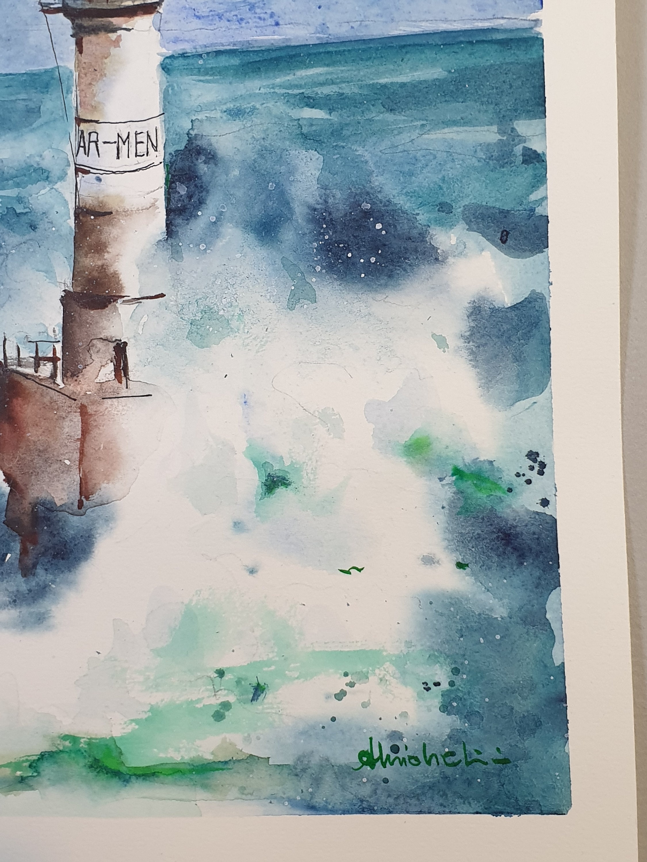 アルメンブルターニュ灯台のオリジナル水彩画、砕ける波の中の灯台の