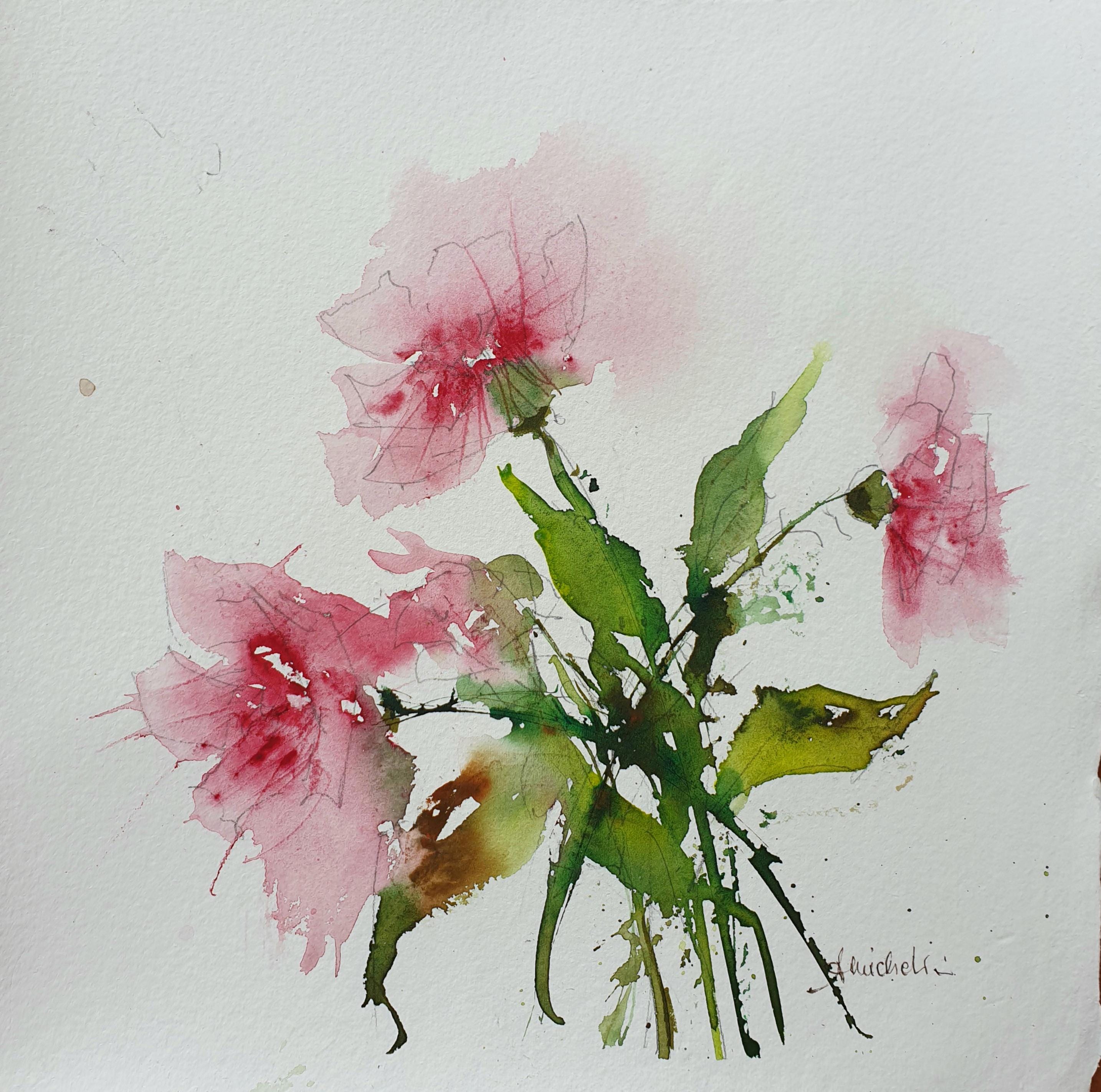 抽象的な花のオリジナル水彩画、花の水彩画、小さな正方形の花の