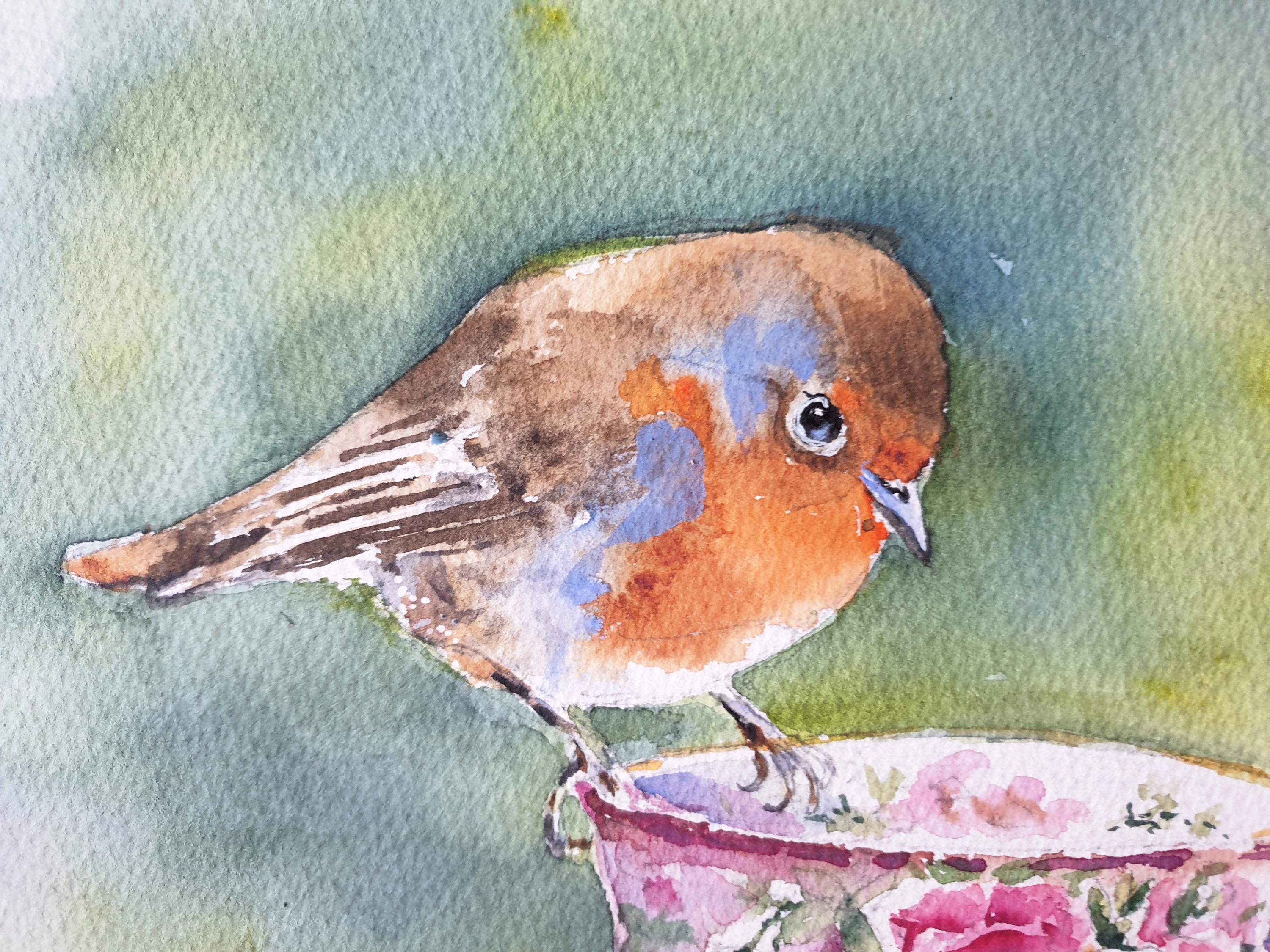 Robin on Teacup Original Watercolor Perched Robin on Porcelaine Cup ...