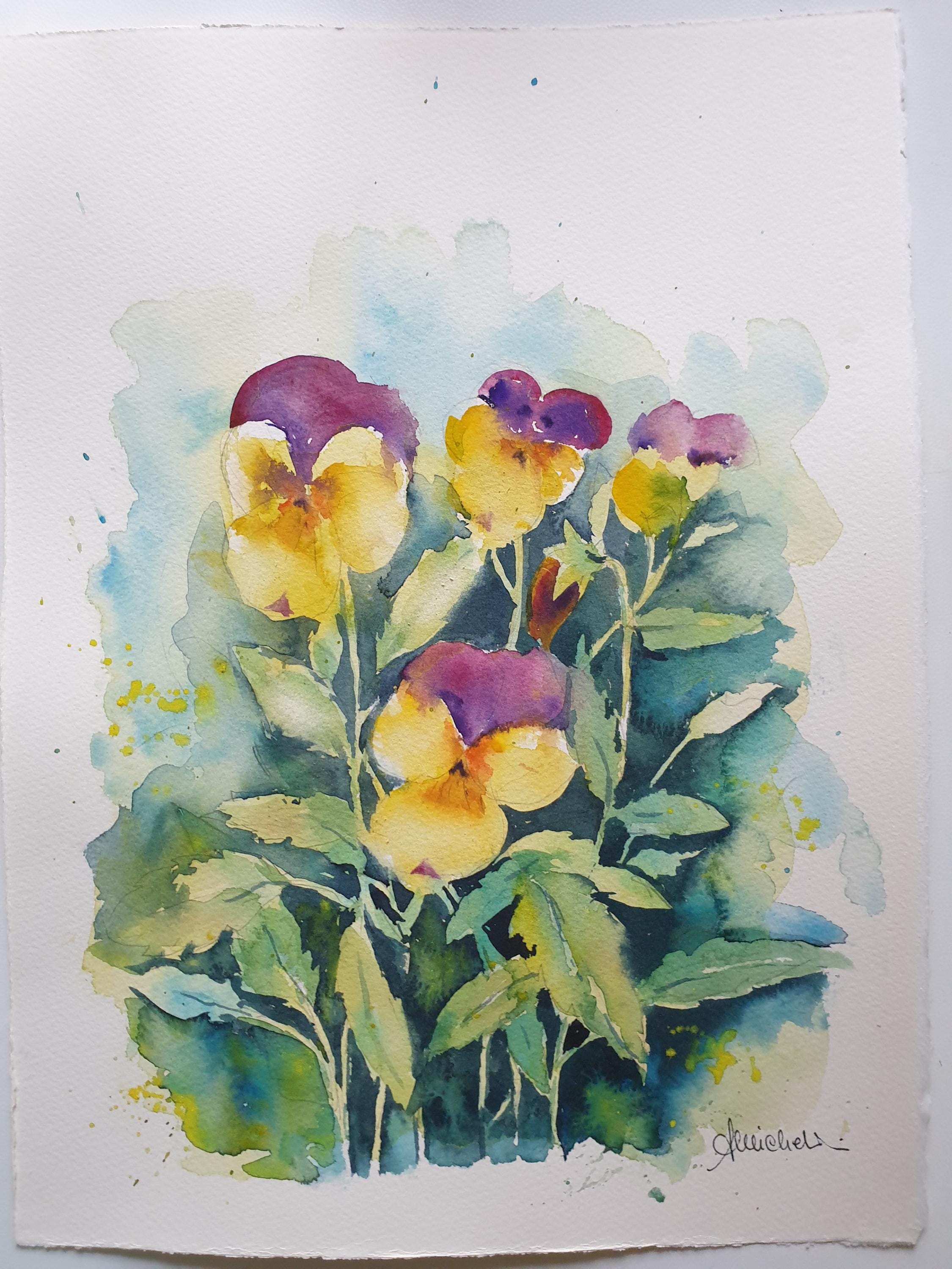 パンジーのオリジナル水彩画、パンジーの花の絵、パンジーの花のアート