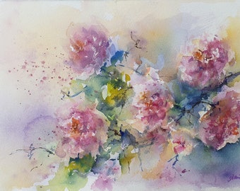May include: Watercolor painting of a delicate pink flower bouquet with soft green leaves and a light yellow background.
