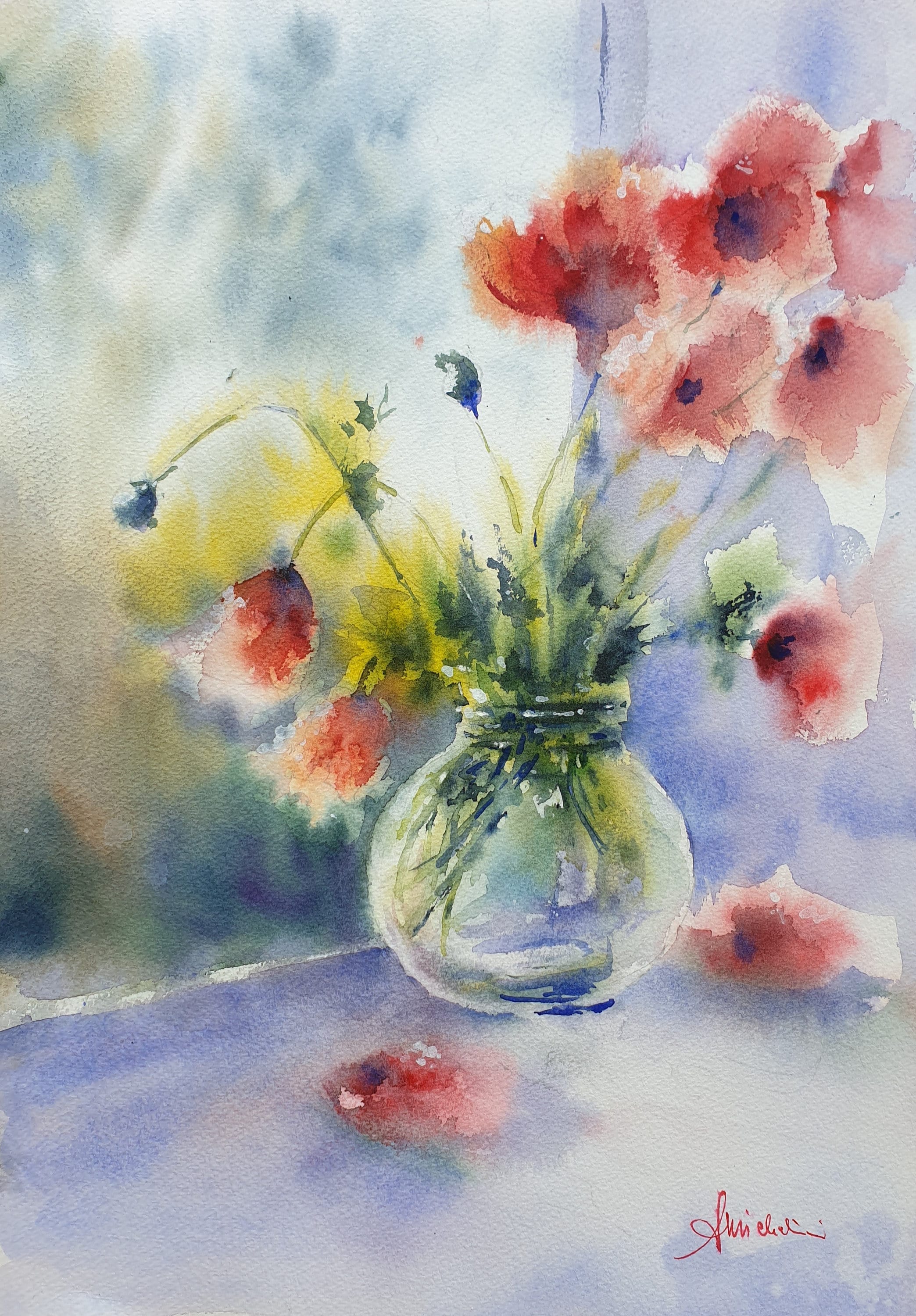 ガラスの花瓶に入ったポピー、オリジナルの水彩画、ポピーの花束