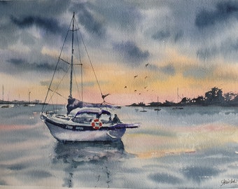 帆船の夕焼けの水彩画、ボートの絵、夕焼けの帆船の壁アート、曇りの