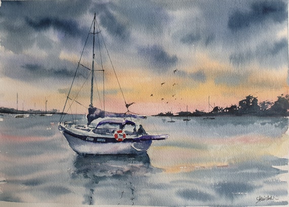 帆船の夕焼けの水彩画、ボートの絵、夕焼けの帆船の壁アート、曇りの