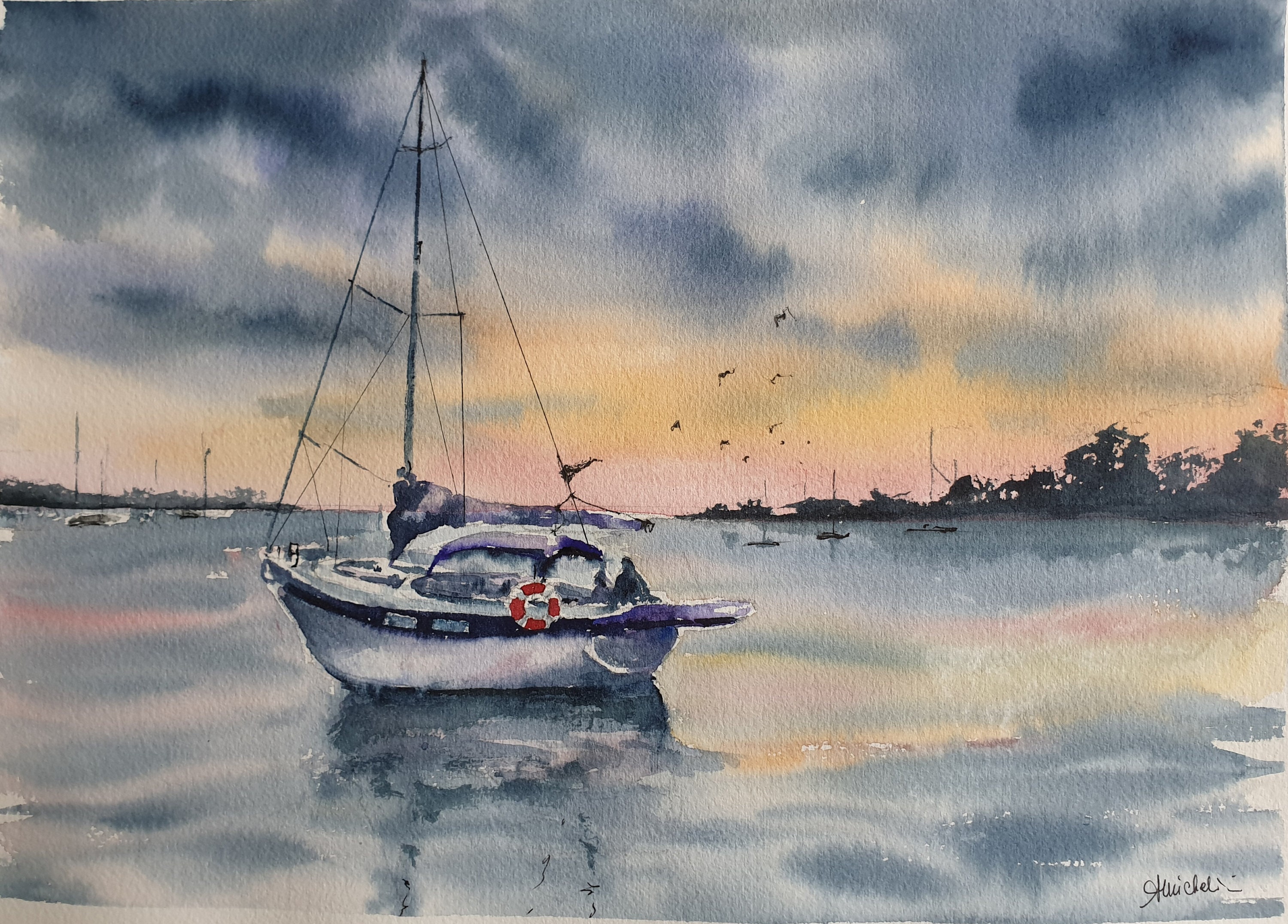 帆船の夕焼けの水彩画、ボートの絵、夕焼けの帆船の壁アート、曇りの
