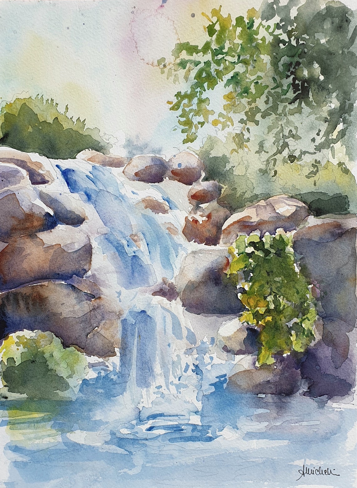 Waterfall watercolor painting waterfall home decor cascade Etsy