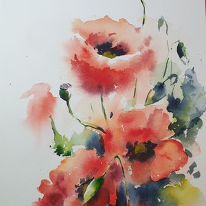 coquelicots aquarelles originaux, peinture originale coquelicot, art mural coquelicots prairie, oeuvre originale coquelicot, cadeau art mural coquelicots, art de la cuisine image 1