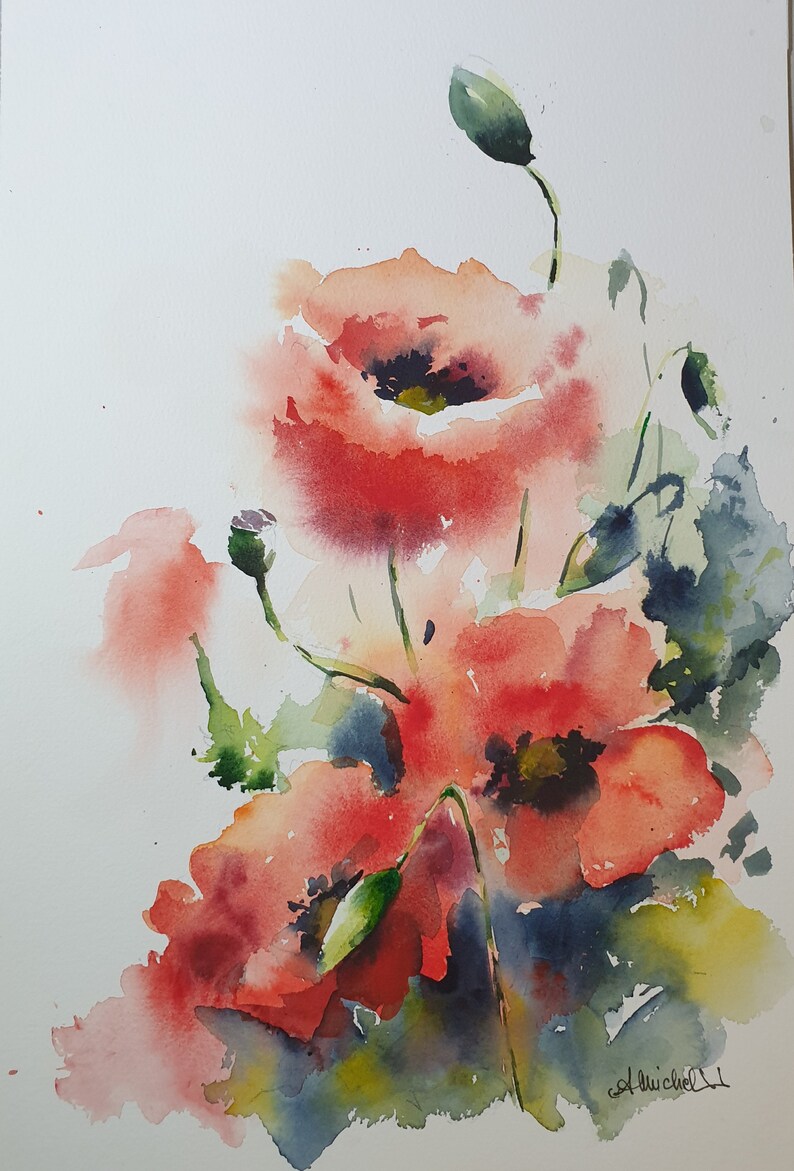 coquelicots aquarelles originaux, peinture originale coquelicot, art mural coquelicots prairie, oeuvre originale coquelicot, cadeau art mural coquelicots, art de la cuisine image 1