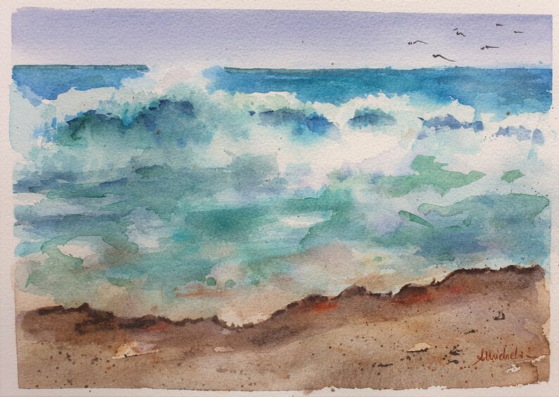 May include: Watercolor painting of a seascape with blue and green waves crashing on a sandy beach. The sky is a light blue with a few birds flying in the distance.