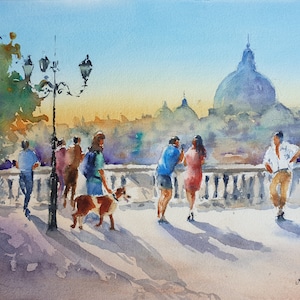 View of Rome from Pincio Original watercolor Rome landscape Rome Pincio terrace Artwork Rome cityscape Rome travel gift Rome sunset painting