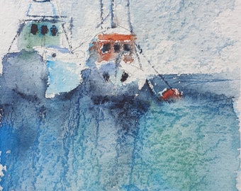 moored boats original watercolor, Sailboat painting, Seascape wall art, Nautical wall decor, Fisher boats artwork,  Original Marina wall art