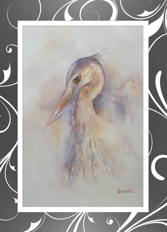 アオサギの鳥の水彩画、鳥愛好家への贈り物、アオサギのオリジナル