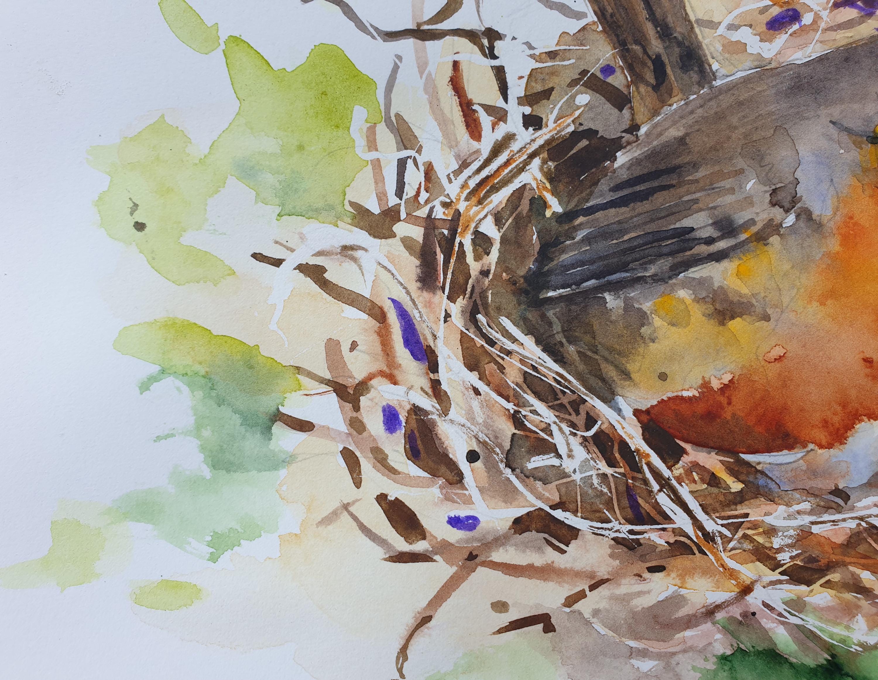 オリジナル作品「ロビンの巣」水彩画、鳥の壁掛けアート（12.1×9インチ