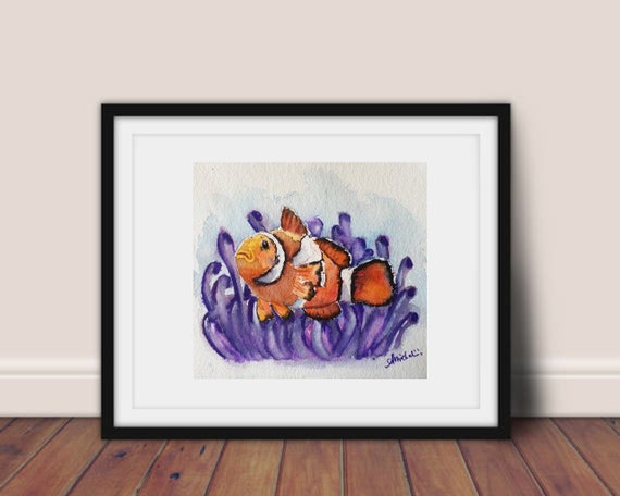 カクレクマノミのオリジナル水彩画、カクレクマノミのアートワーク
