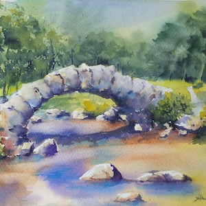 stone bridge original watercolor, river landscape painting, old stone arch bridge painting, forest bridge artwork, river reflections decor