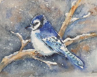pintura de acuarela de pájaro arrendajo azul, pintura de pájaro debajo de la nieve, decoración del hogar de pájaro arrendajo azul, arte de pared de arrendajo de nieve, pintura de pájaros 7.5x11 pulgadas