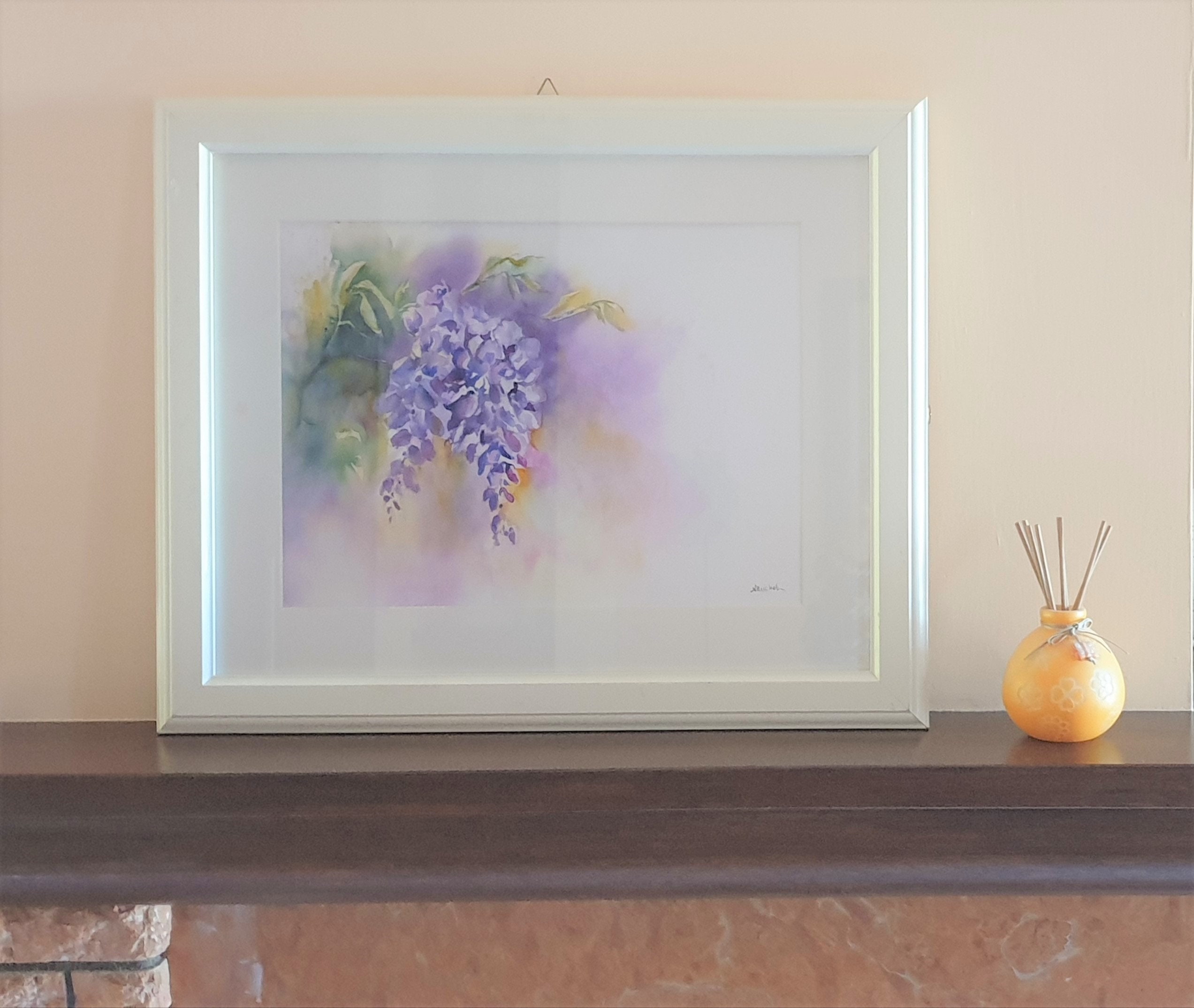 藤の水彩画、藤のオリジナル水彩画、グリシンの花の絵、藤の壁