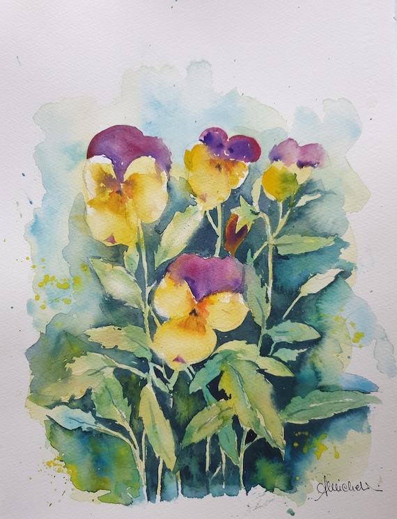 パンジーのオリジナル水彩画、パンジーの花の絵、パンジーの花のアート