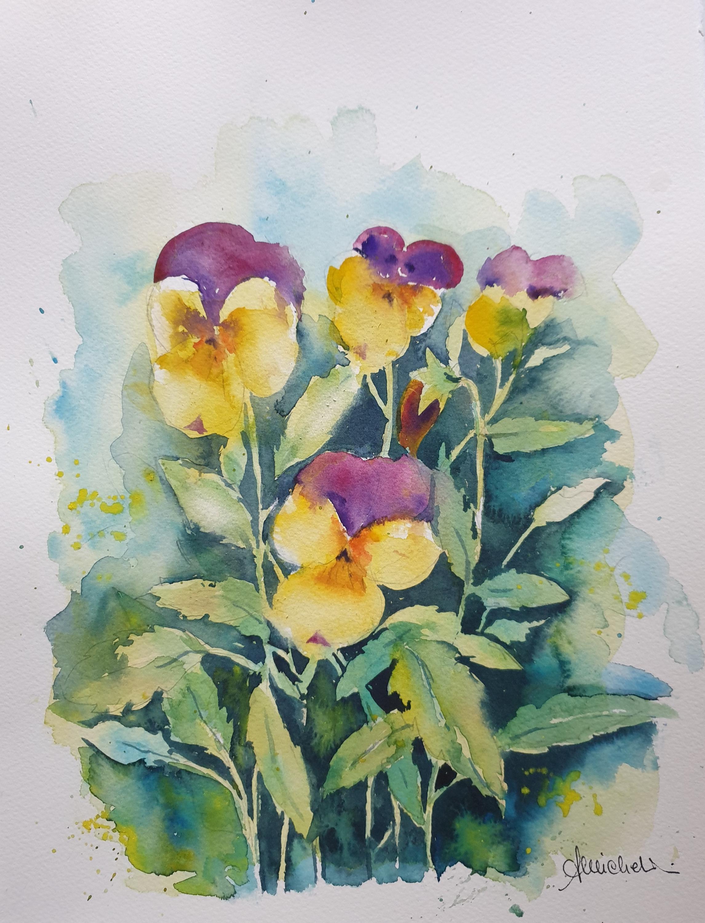 パンジーのオリジナル水彩画、パンジーの花の絵、パンジーの花のアート