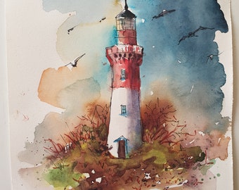 フランスのウェサン島の灯台オリジナル水彩画、海をイメージした壁