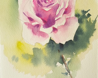 Różowa róża, akwarela, oryginalna kwiatowa sztuka ścienna (8x6,5 cala)