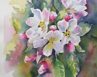 ピンクの花のオリジナル水彩画、花束の絵画、花の花束のアートワーク