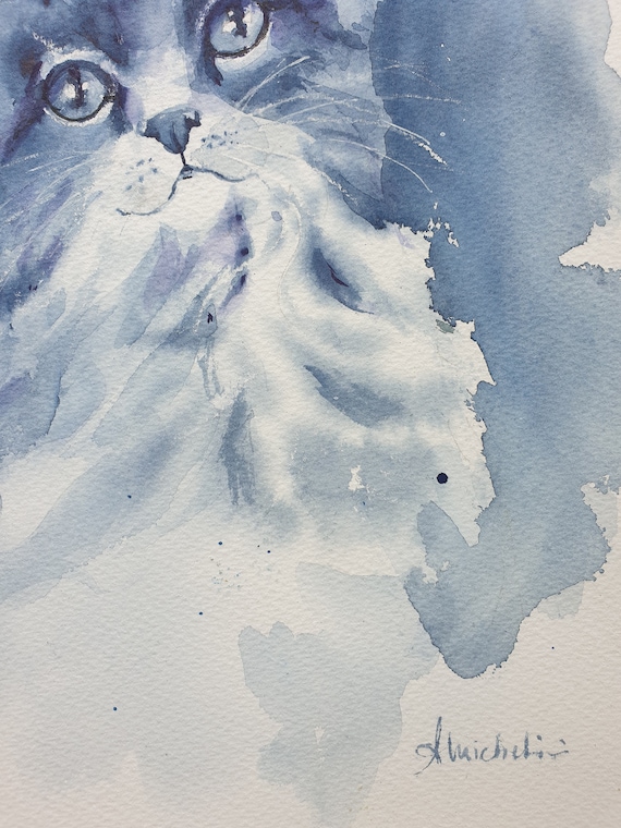 水墨画『青い目の猫』 青い猫のオリジナル水彩画、かわいい青い子猫の絵、青い目の猫のアート