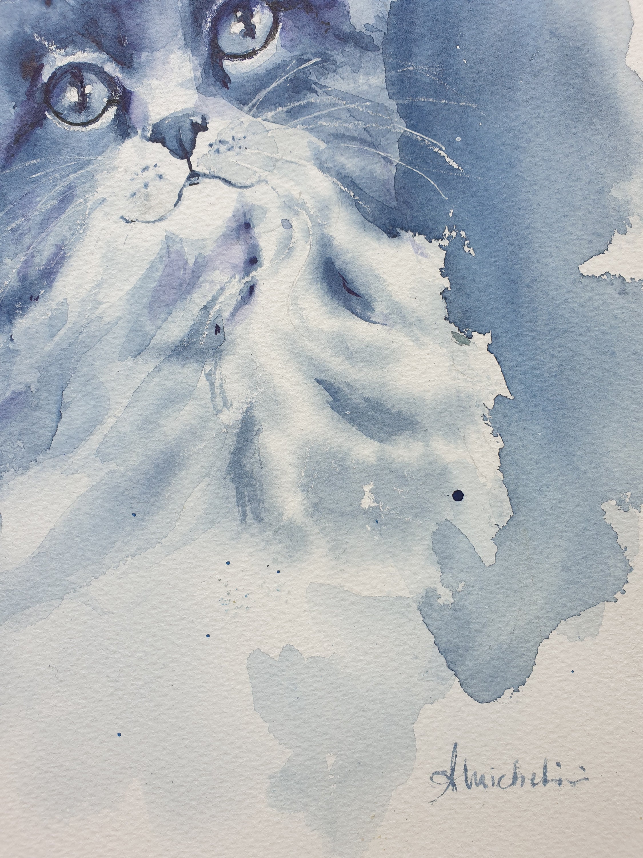 水墨画『青い目の猫』 青い猫のオリジナル水彩画、かわいい青い子猫の絵、青い目の猫のアート