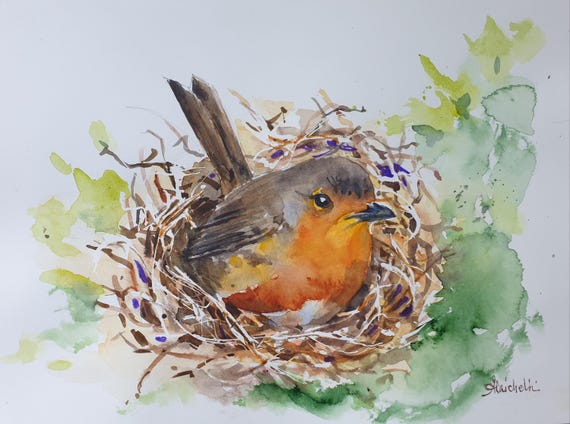 オリジナル作品「ロビンの巣」水彩画、鳥の壁掛けアート（12.1×9インチ