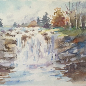 waterfall watercolor painting, waterfall home decor, river landscape, cascade original watercolor, waterfall artwork  8.8 x12.1 inches
