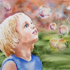 little girl soap bubbles watercolor, soap bubbles original painting, blowing soap artwork, countryside baby girl art, nursery wall decor image 1