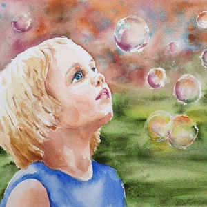 little girl soap bubbles watercolor, soap bubbles original painting, blowing soap artwork, countryside baby girl art, nursery wall decor