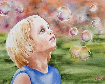 little girl soap bubbles watercolor, soap bubbles original painting, blowing soap artwork, countryside baby girl art, nursery wall decor