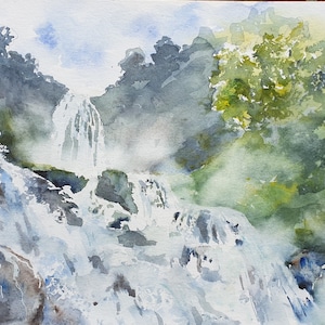 waterfall watercolor painting, waterfall home decor, cascade original watercolor painting, waterfall wall decor,  13x9.3 inches