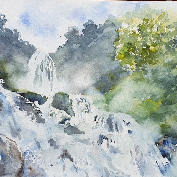 peinture à l’aquarelle en cascade, décoration intérieure en cascade, peinture à l’aquarelle originale en cascade, décor mural en cascade, 13x9,3 pouces