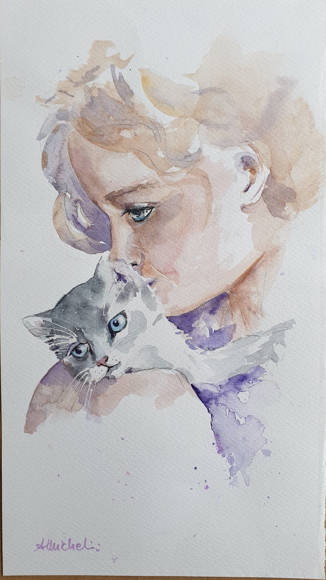 猫を抱きしめる少女のオリジナル水彩画、猫を抱く少女の絵画、猫にキス