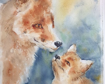 mère renard avec cub aquarelle originale, art mural famille renard, renard peinture, art animaux de la faune