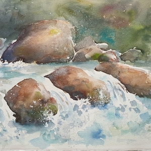 流れる水の水彩画、水の岩のオリジナル水彩画、岩の壁の装飾、小川の岩のオリジナルアート 9.5x13.5 インチ